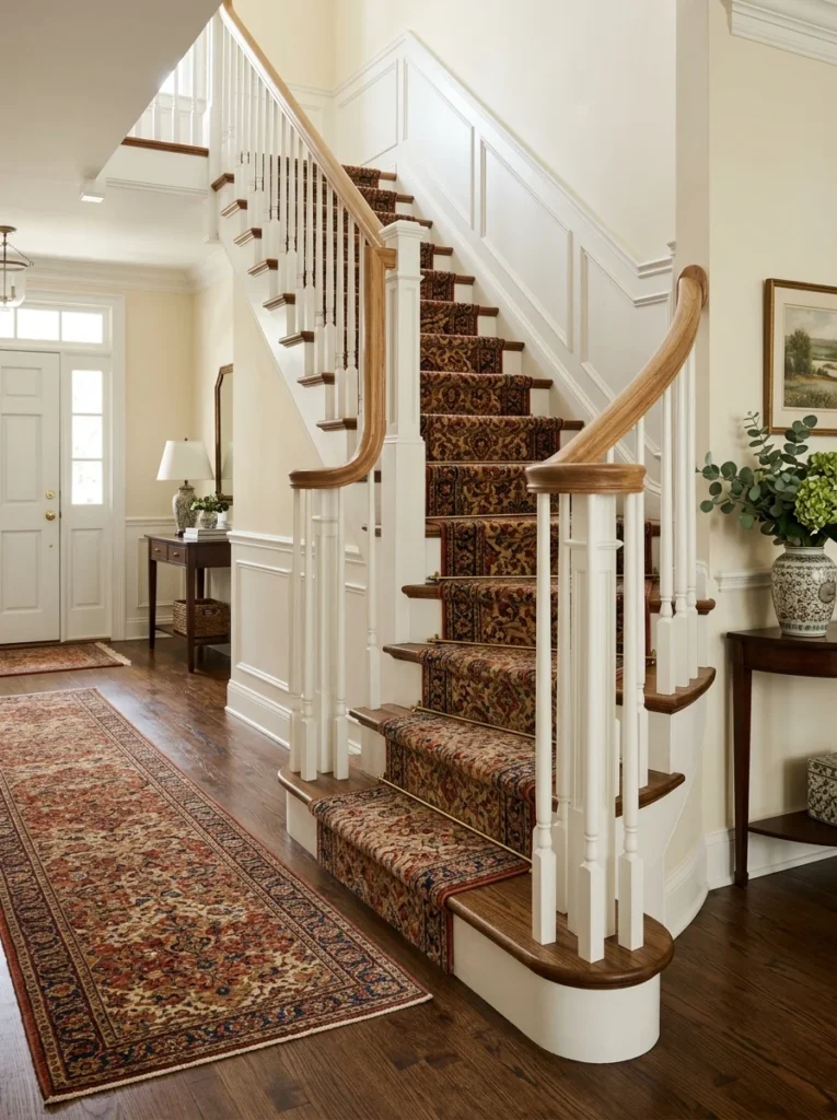 Coordinating runner extending from entryway up the stairs