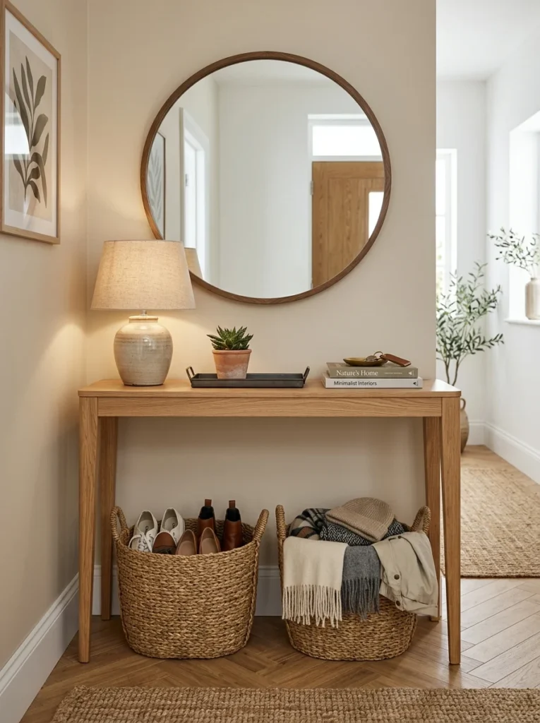 Woven storage baskets beneath an entryway console table