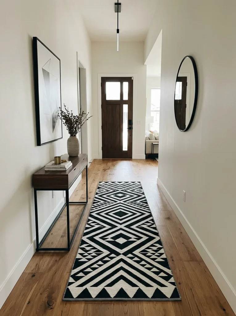 Bold geometric runner making a statement in an entryway