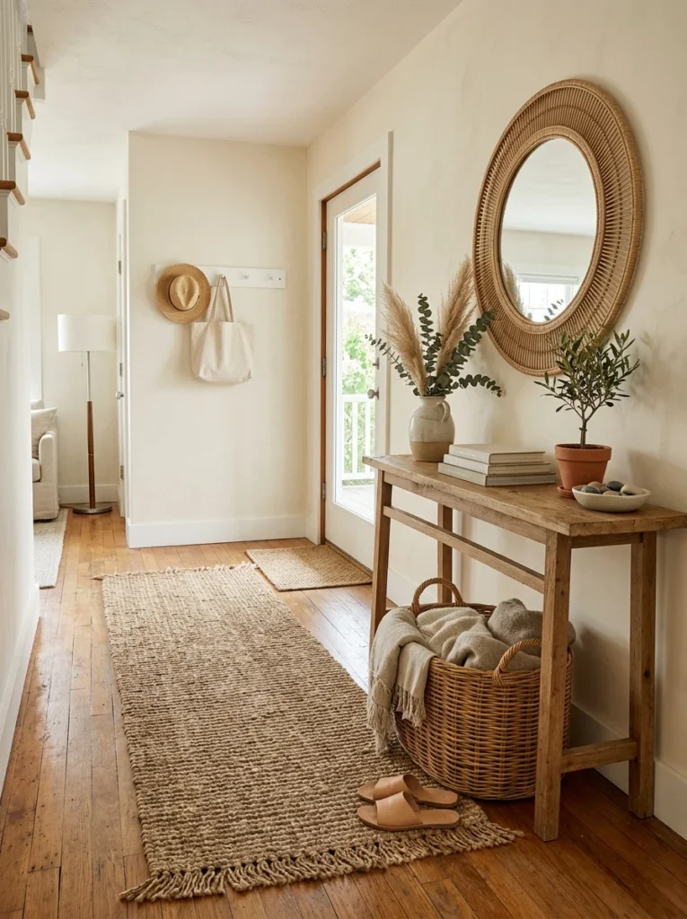 Natural jute runner adding texture to an entryway