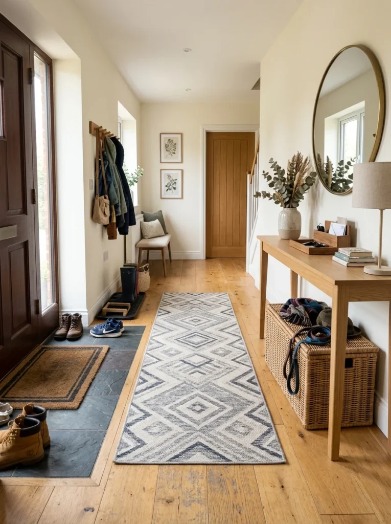 Coordinating runner extending from entryway up the stairs