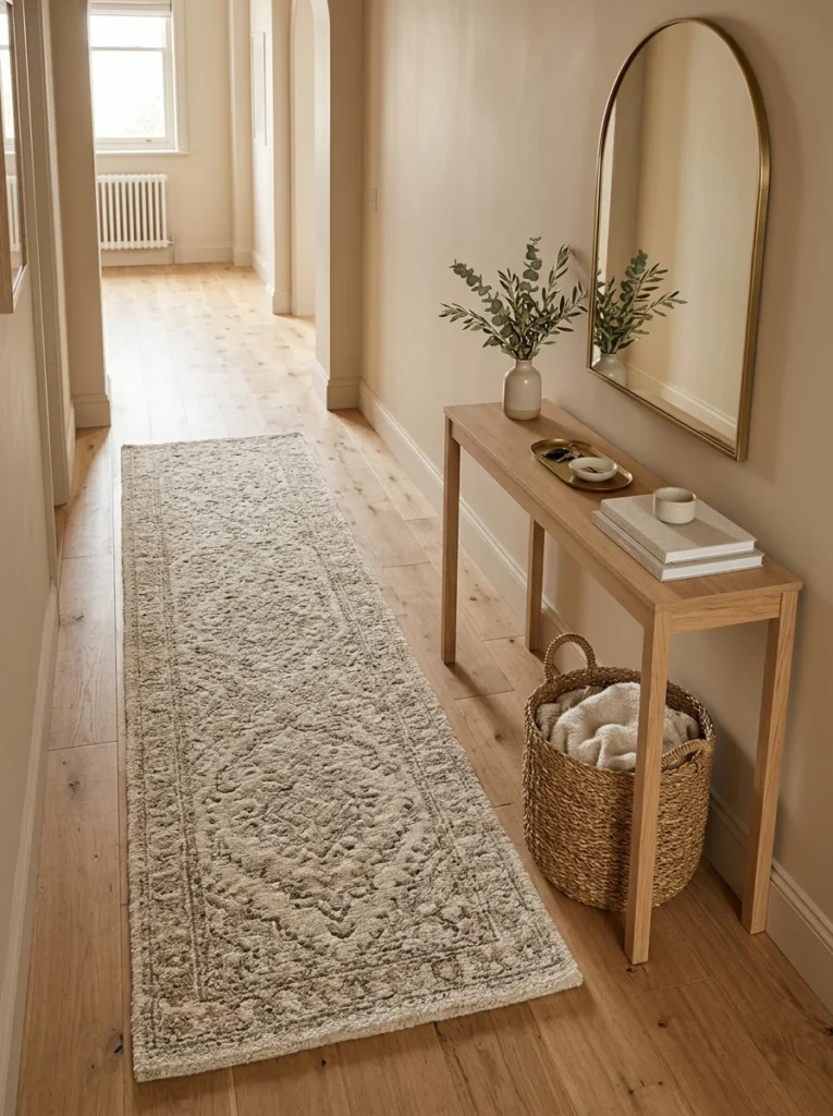 Textured runner rug adding warmth to a styled entryway
Focus keyword: entryway rug ideas