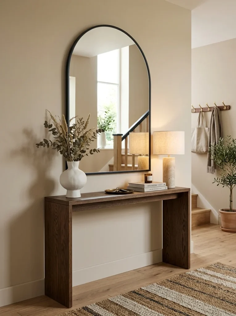 Arched mirror above a console table in an entryway