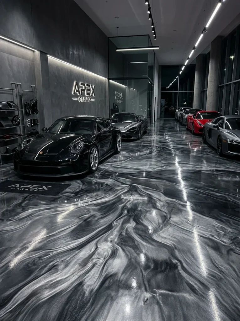Decorative flake epoxy garage floor.