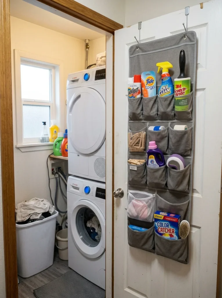 Over-the-door organizer storing laundry supplies in a small utility room.