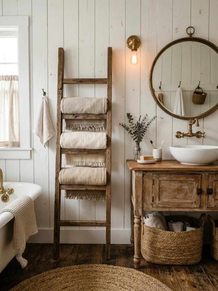 Rustic reclaimed wood towel ladder in a farmhouse bathroom.