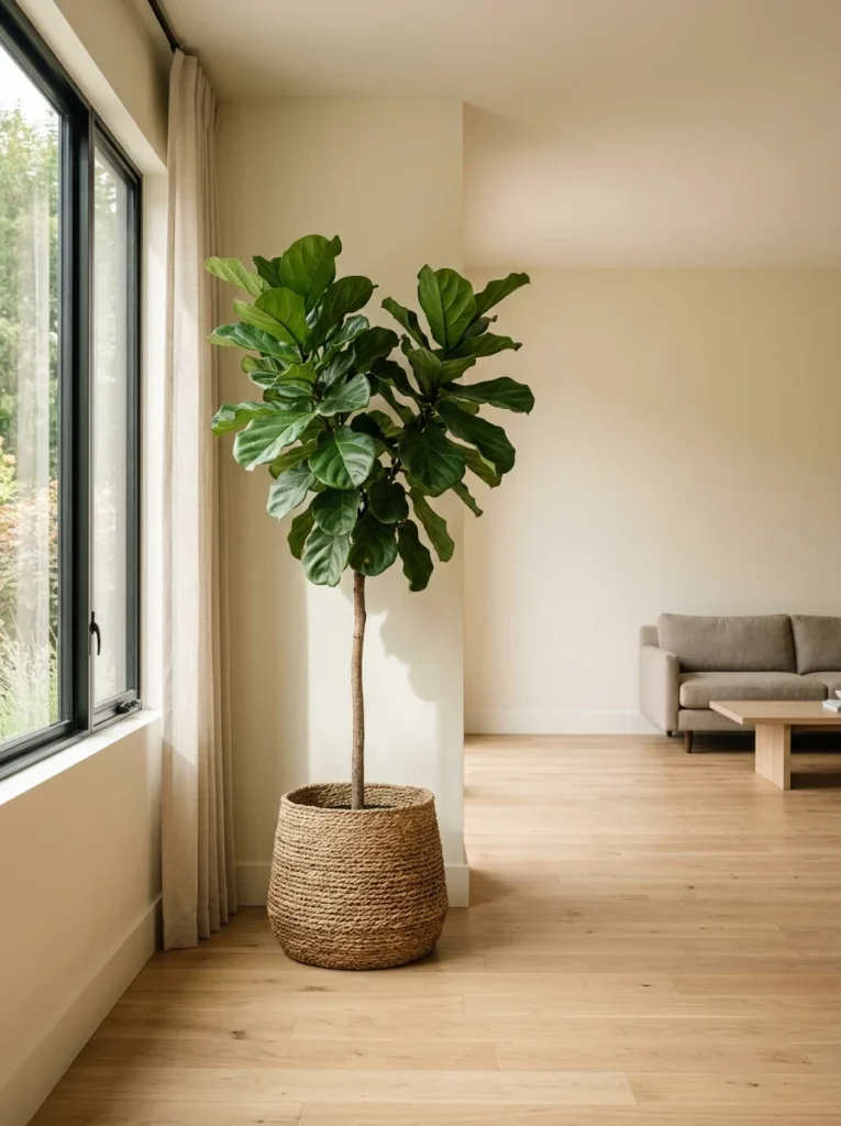 Tall fiddle leaf fig plant filling an empty living room corner