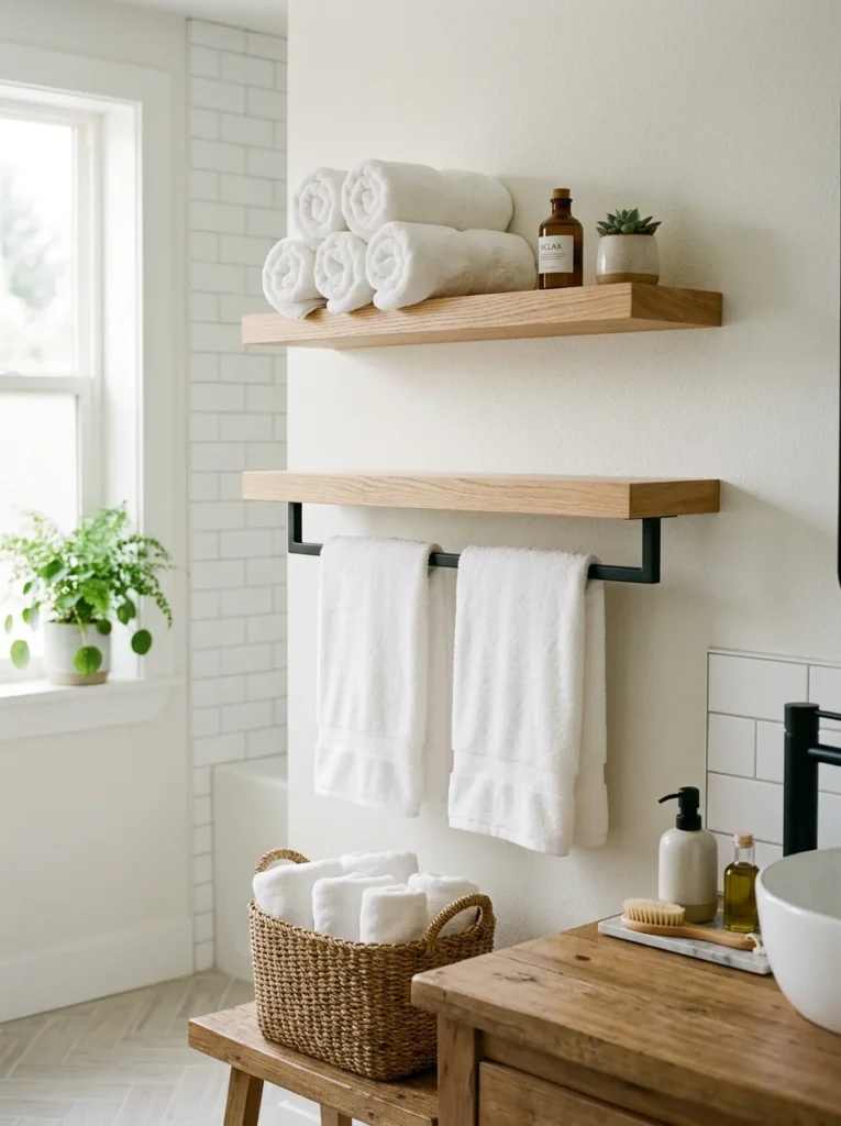 Open shelves with integrated towel bar in a bathroom.