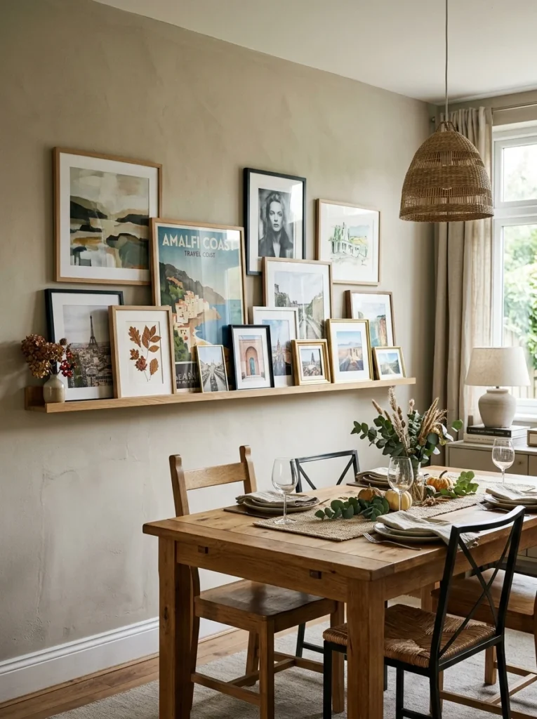Picture ledge displaying layered artwork and photographs in a dining room.