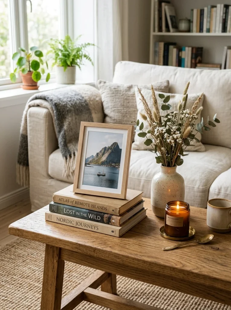 Small framed travel photograph adds a personal touch to coffee table decor.