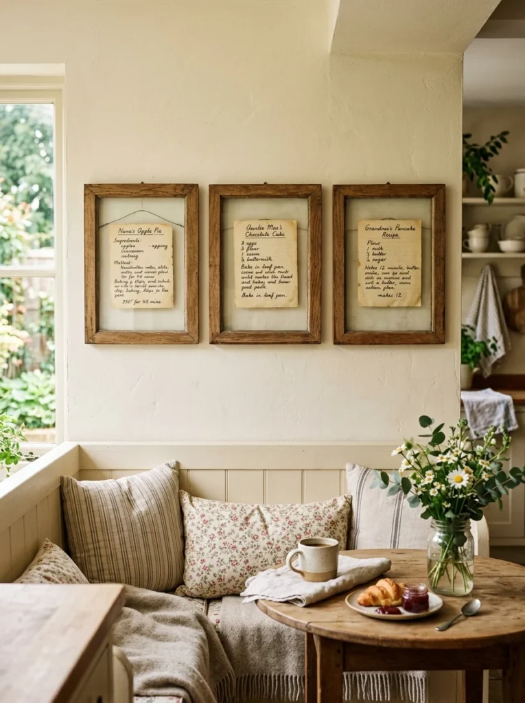 Framed handwritten family recipes decorating a kitchen.