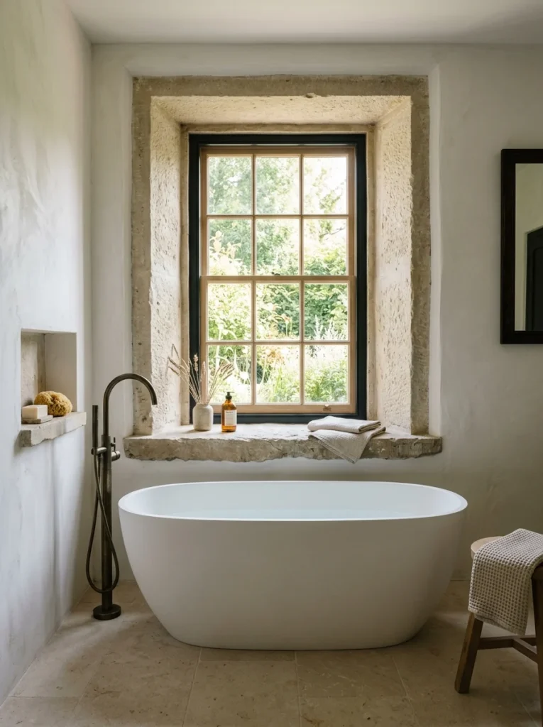 Deep recessed bathroom window with a wide sill providing additional privacy.