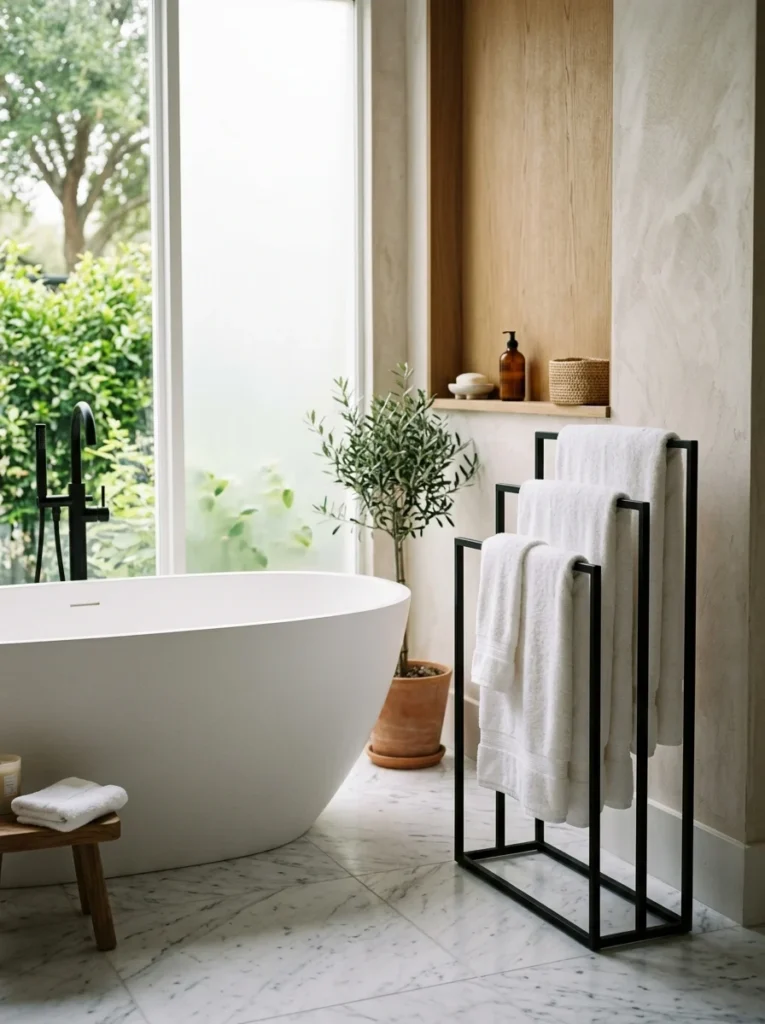 Freestanding towel stand beside a bathtub.