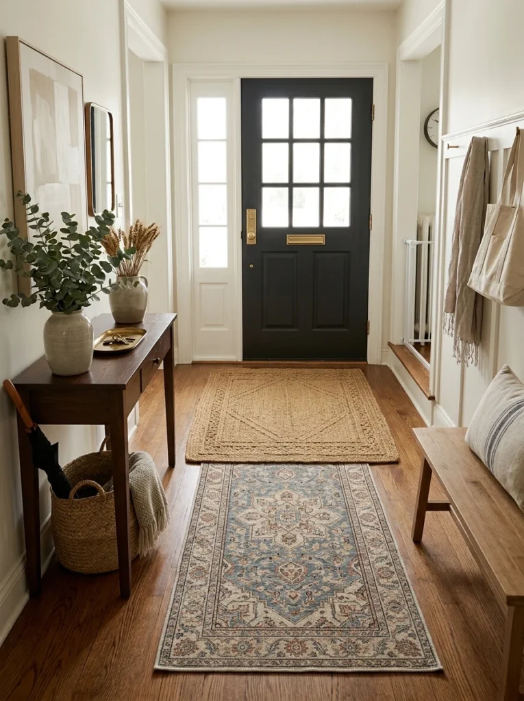 Coir doormat layered over an entryway runner