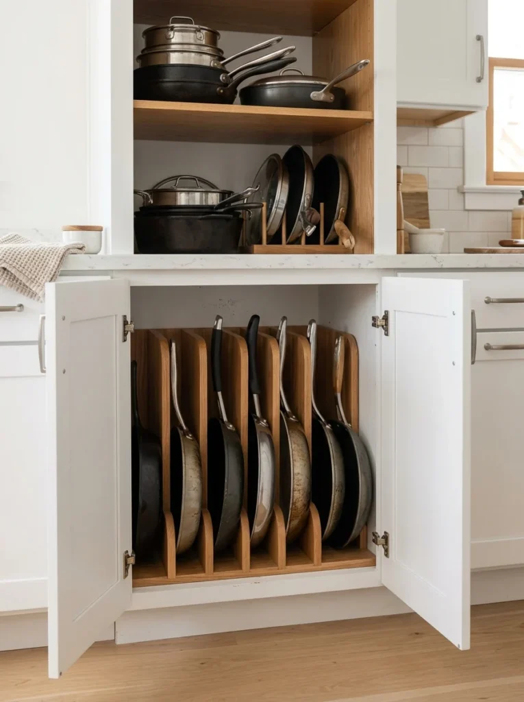 Frying pans stored vertically in individual cabinet slots