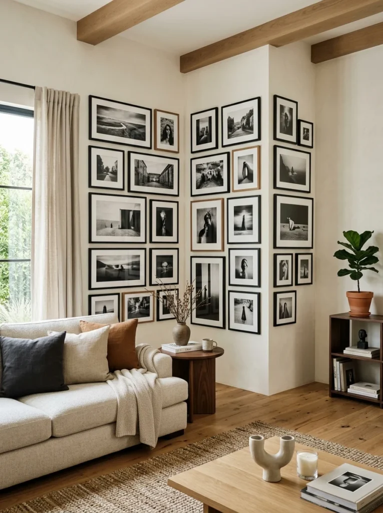 Black and white gallery wall wrapping around a living room corner