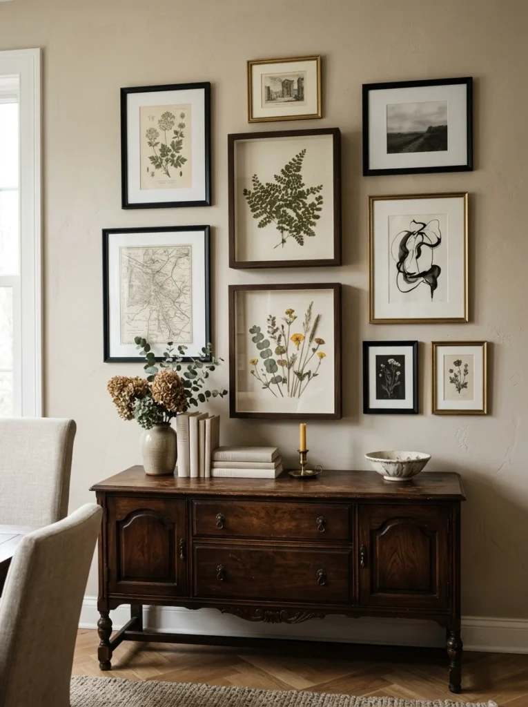 Dining room gallery wall combining flat frames with deeper shadow-box artwork.
