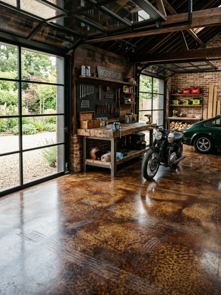Stained concrete garage floor.