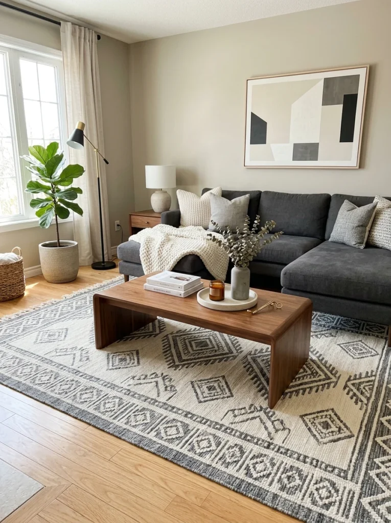 Statement geometric rug in a grey living room.