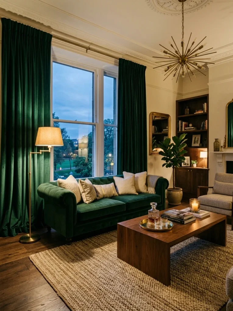 Deep green velvet curtains adding warmth and drama to an elegant living room.