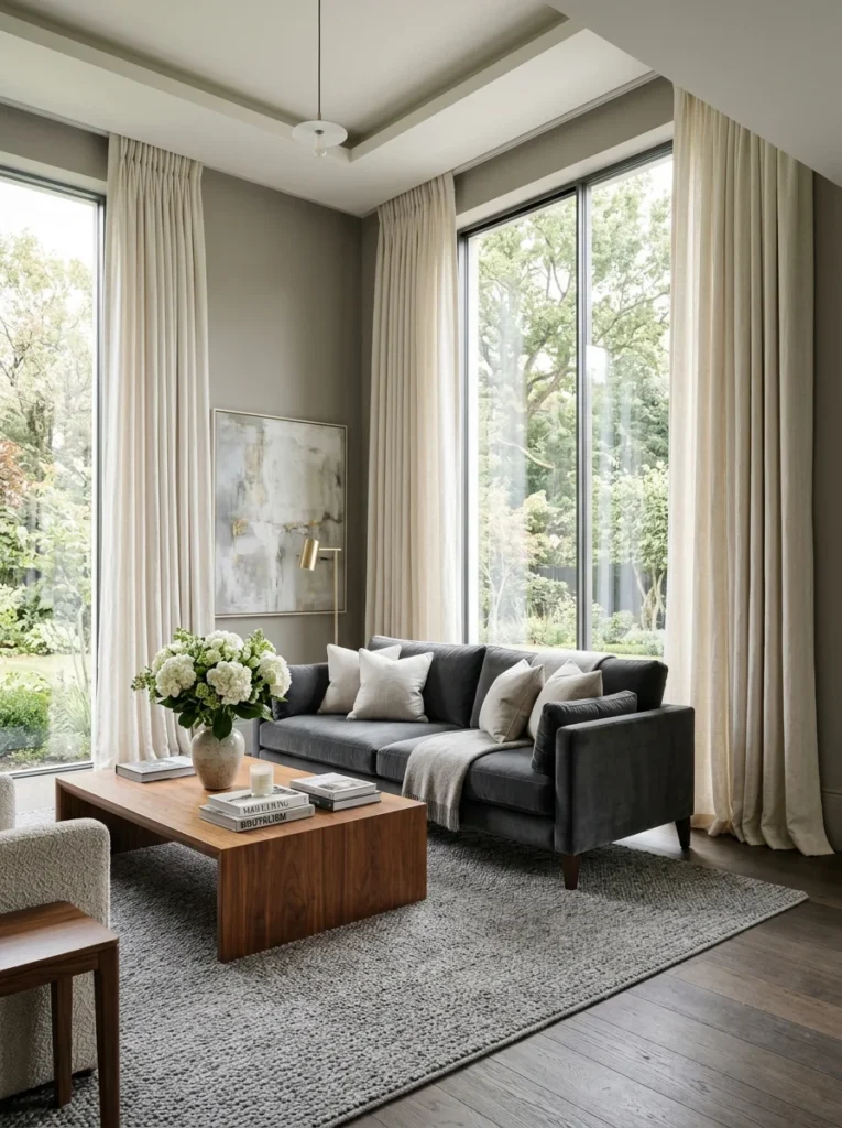 y living room with floor-to-ceiling linen curtains.