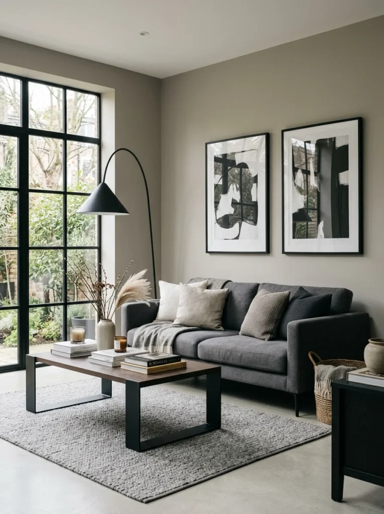 Grey living room with modern black accents.