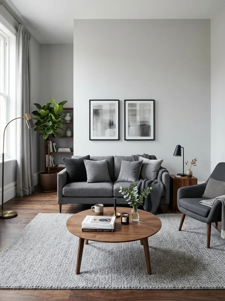 Grey living room layered with multiple shades of grey.
