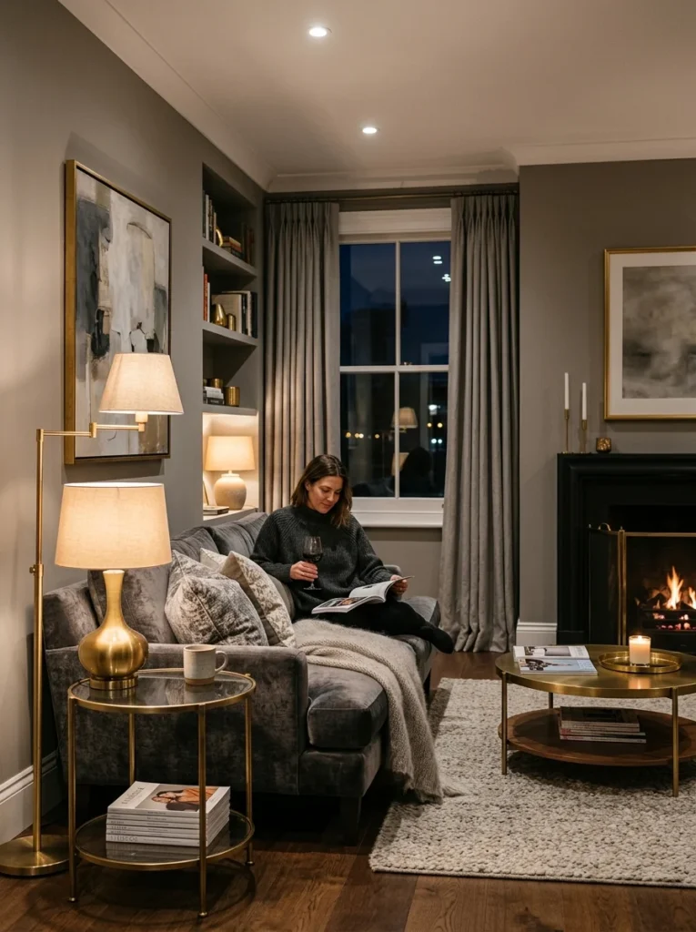 Grey living room with layered warm lighting.