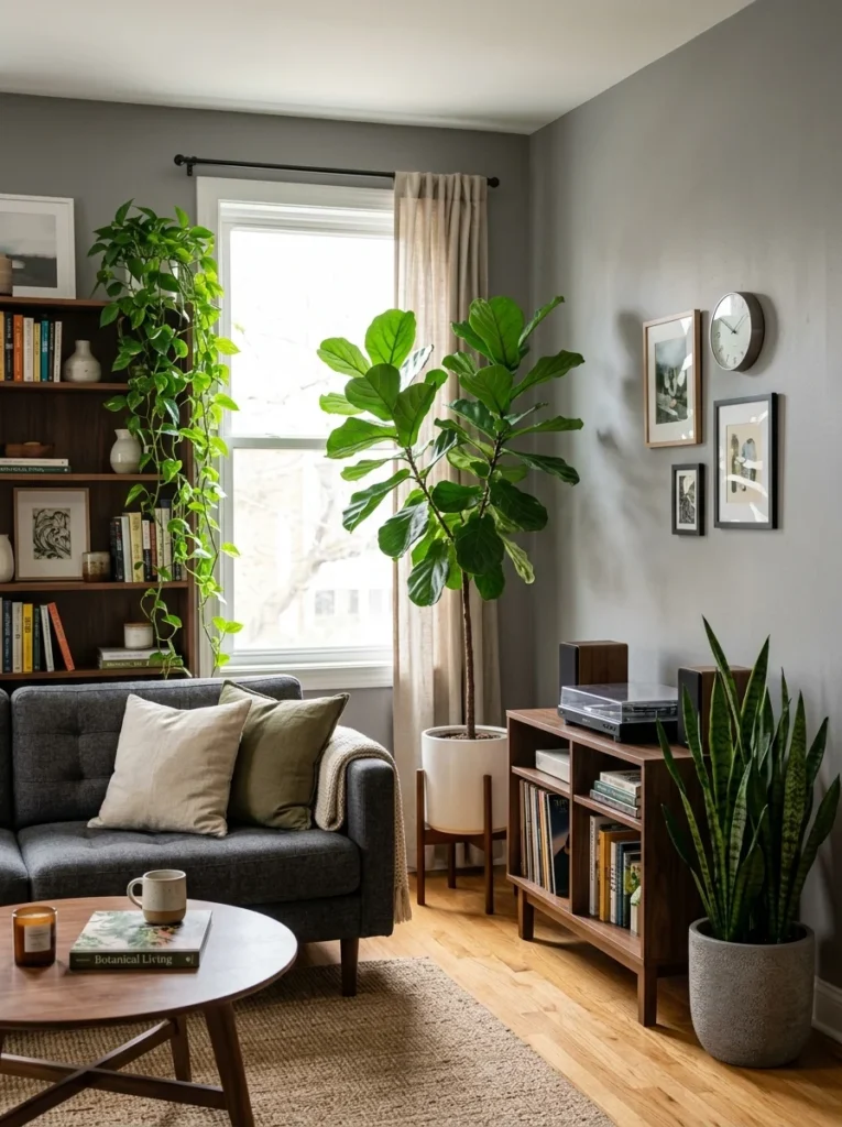 Grey living room decorated with lush indoor plants.