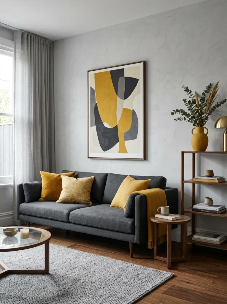 Grey living room with mustard yellow accents.