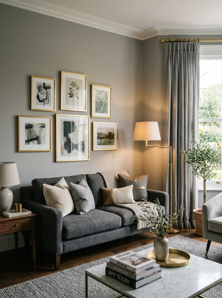 Grey living room decorated with brushed brass accents.