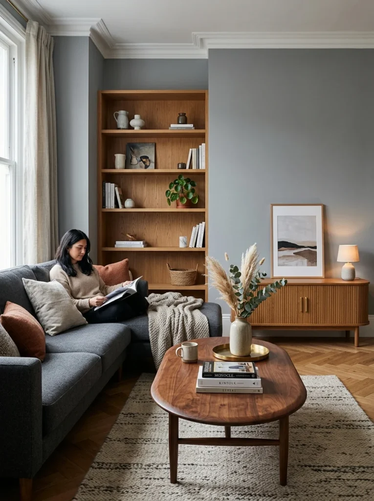 Grey living room warmed by walnut and oak furniture.