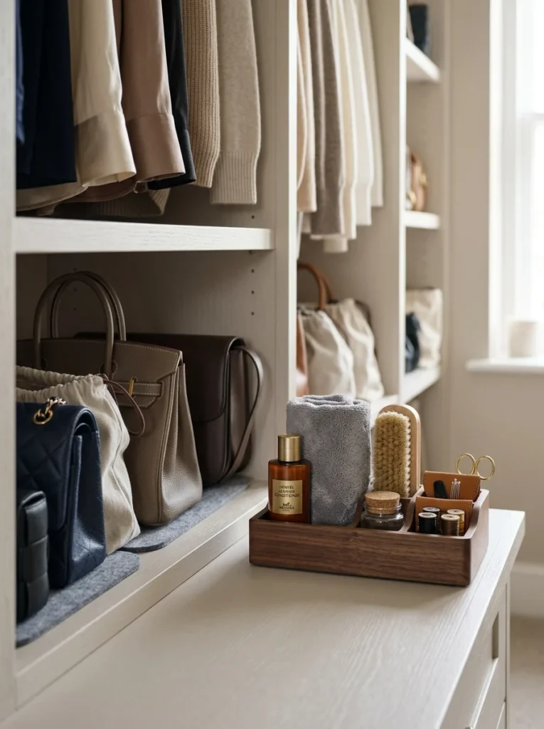 Small handbag care and repair kit stored near purses