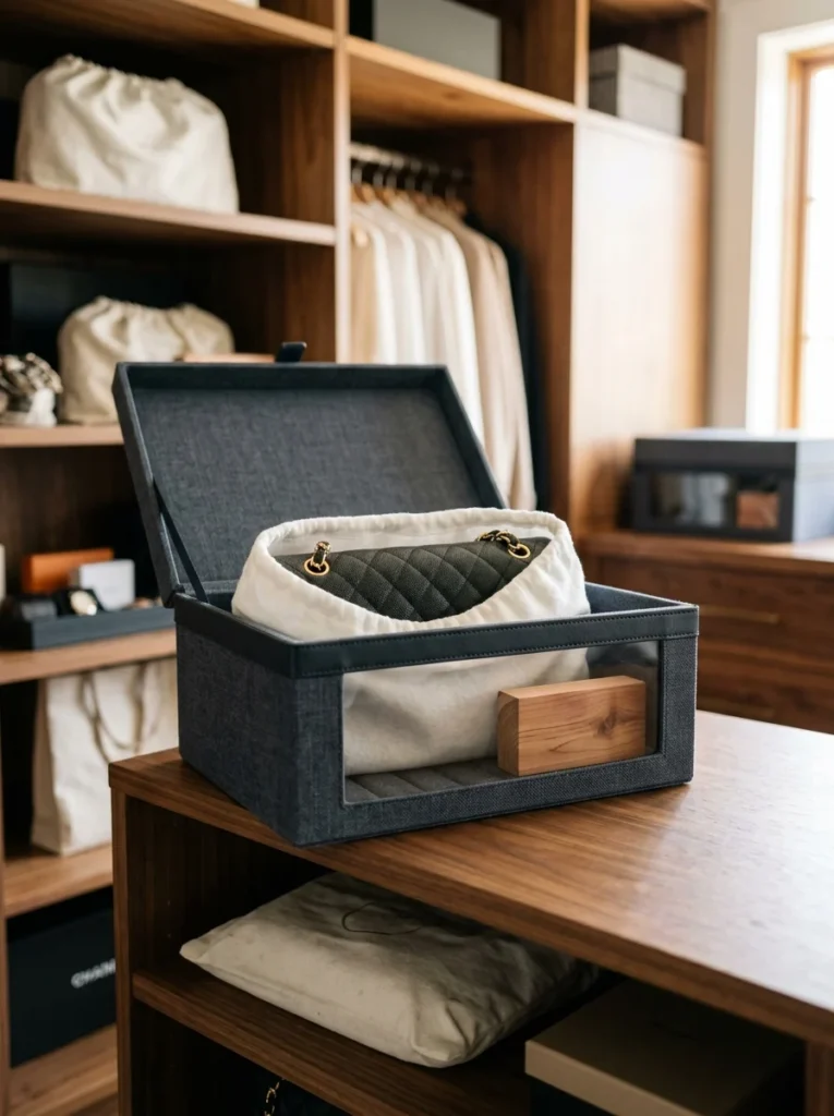 Cedar block placed beside a stored leather handbag