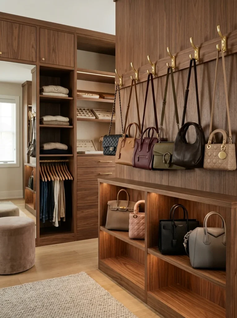 Dedicated wall-mounted rack displaying everyday handbags