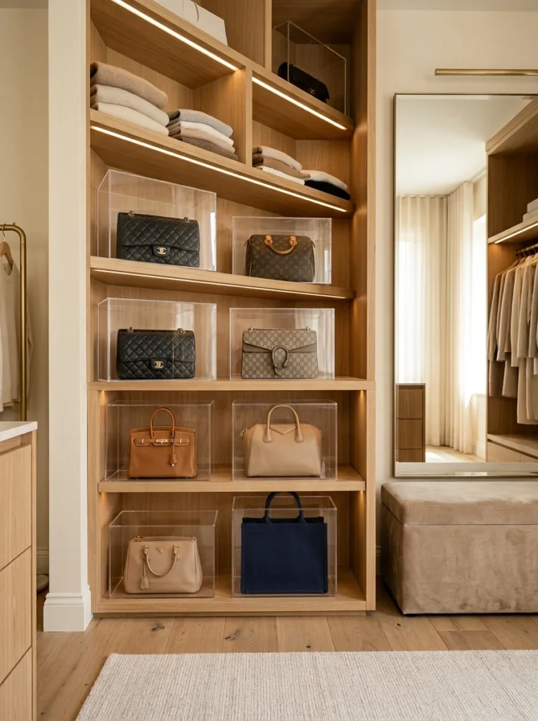 Clear storage boxes displaying organized handbags