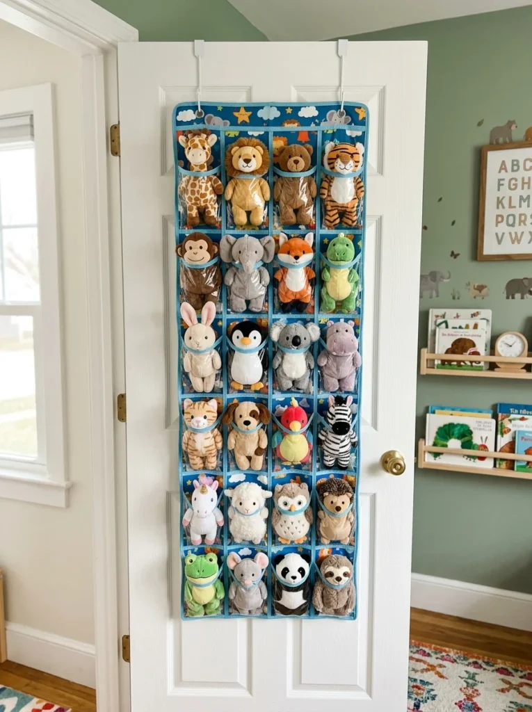 Hanging shoe organizer storing small stuffed animals