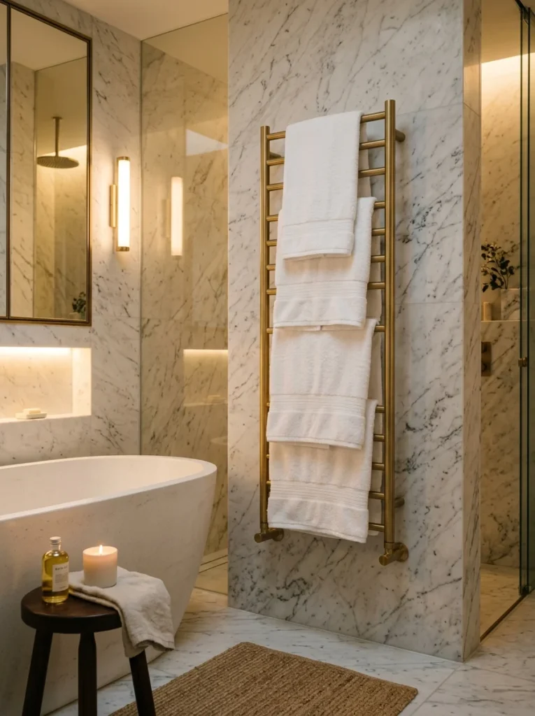 Heated towel rack in a luxury bathroom.
