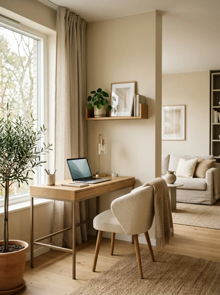 Small home office nook created in an empty living room corner