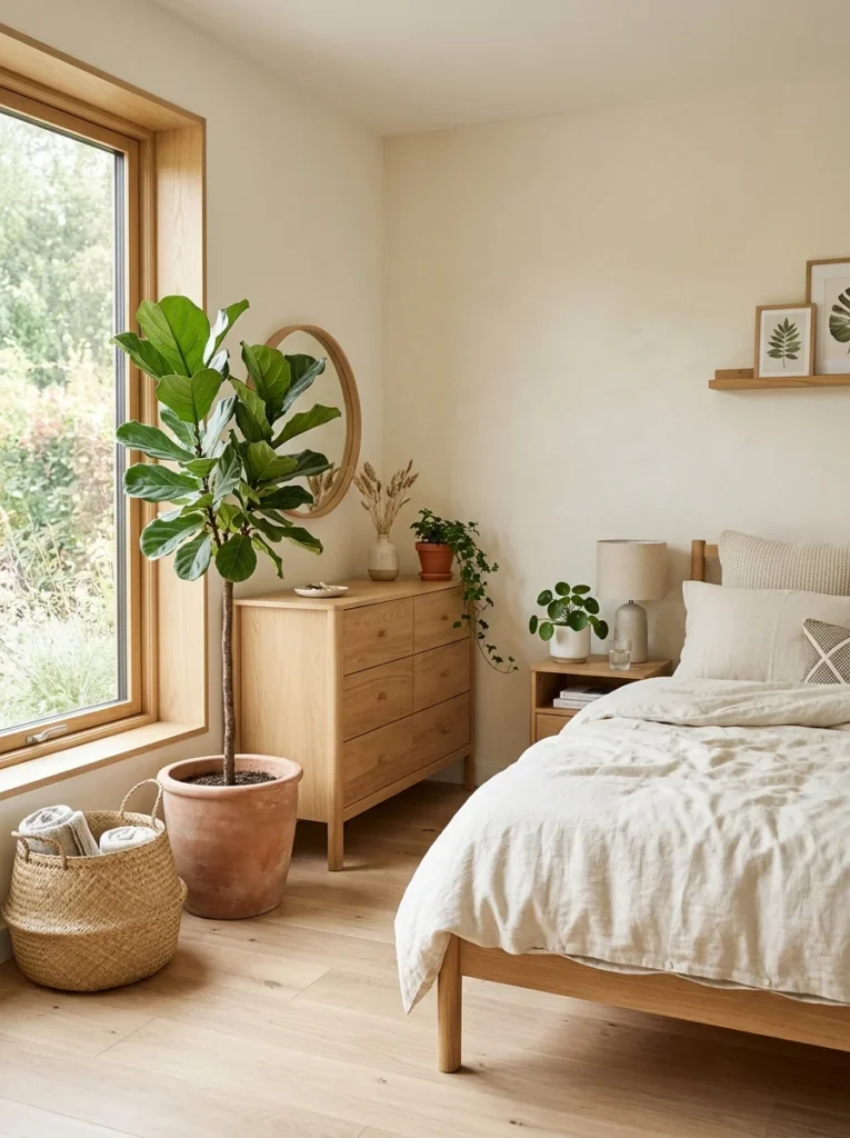 Aesthetic bedroom decorated with leafy green houseplants and natural materials.