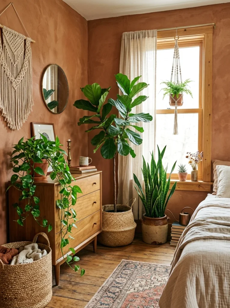 Warm string lights decorating a boho bedroom.