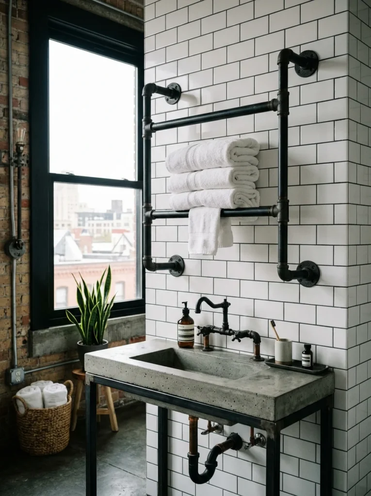 Industrial pipe towel rack in a modern bathroom.