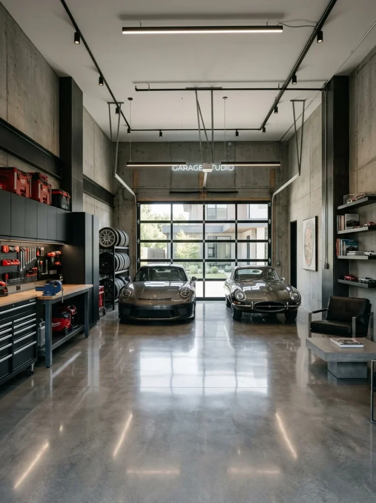 Polished concrete garage floor.