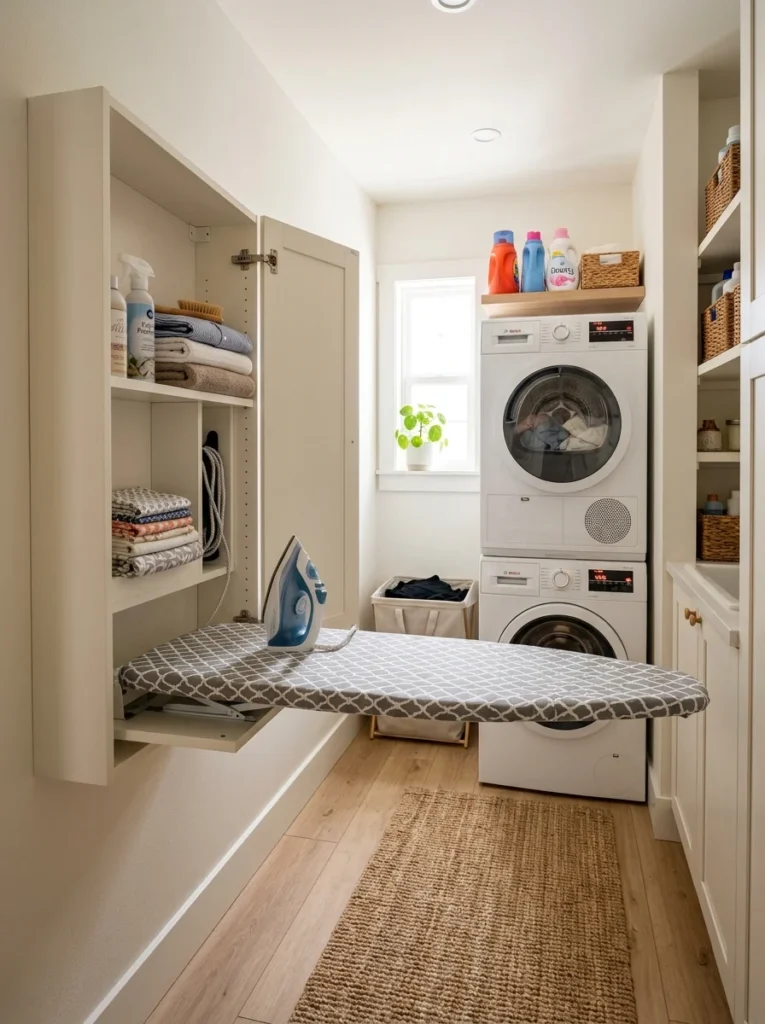 Wall-mounted fold-down ironing board saving floor space in a compact laundry room.