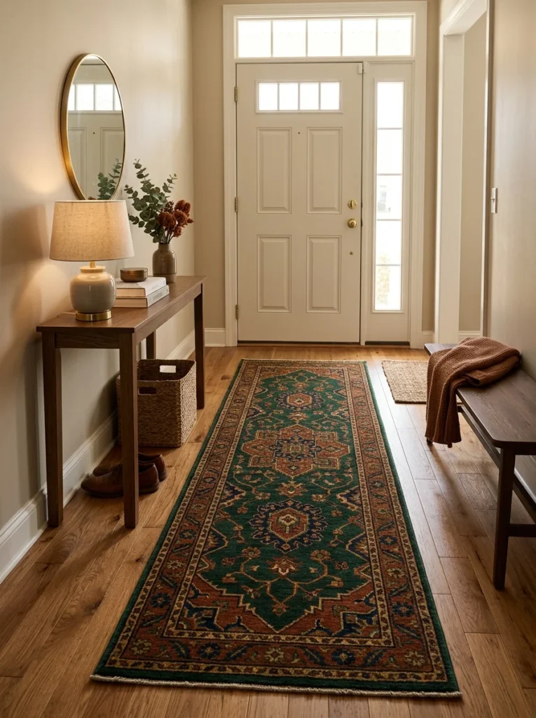 Bold colorful runner complementing a neutral entry door