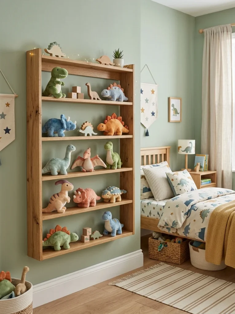 Themed dinosaur stuffed animal display shelf in a child's bedroom