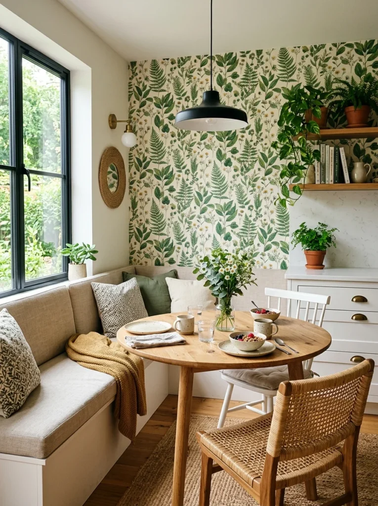 Botanical wallpaper accent wall in a kitchen.