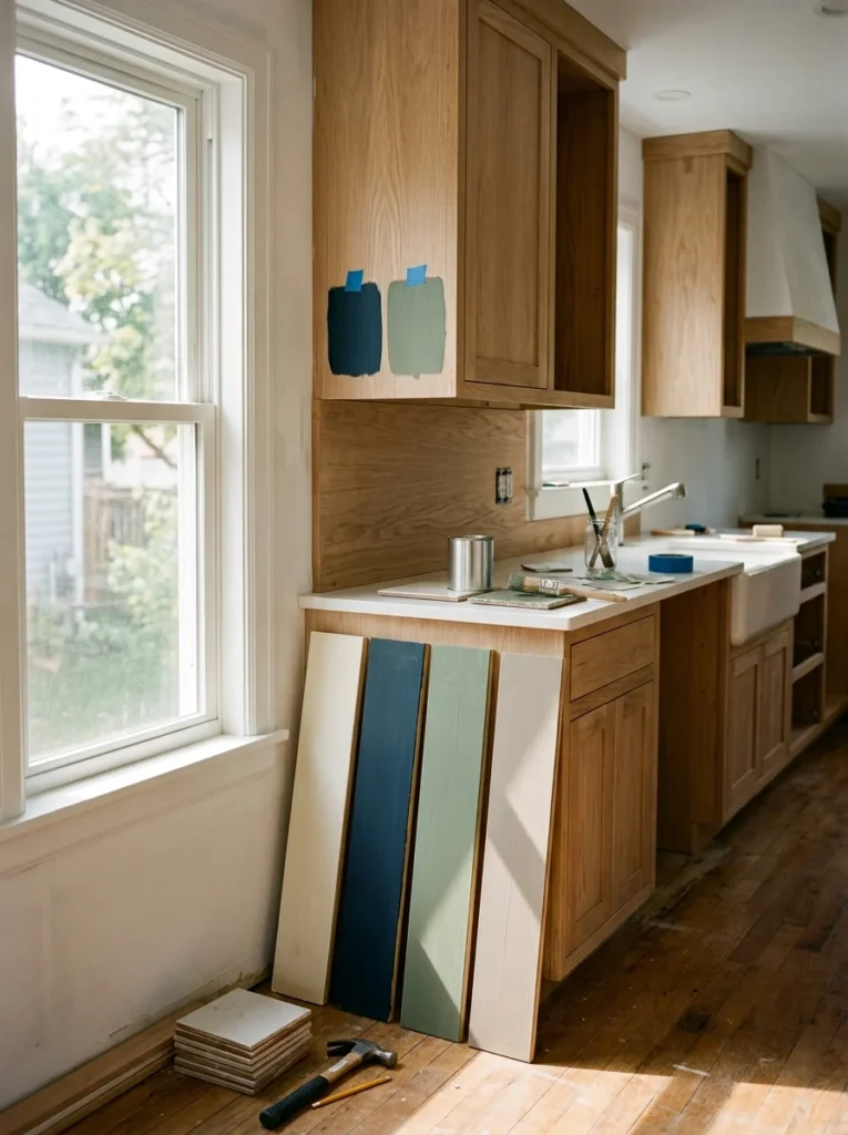 Kitchen cabinet paint samples being compared in changing natural light.