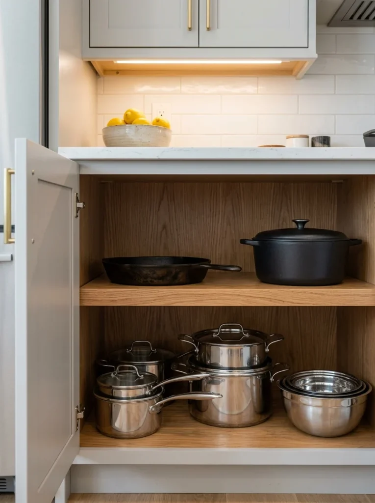 Cast iron cookware stored separately on a kitchen shelf