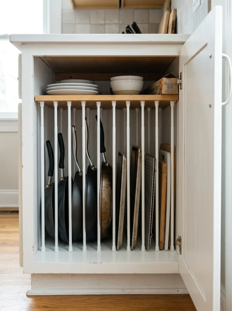 Tension rods used as budget-friendly pan dividers